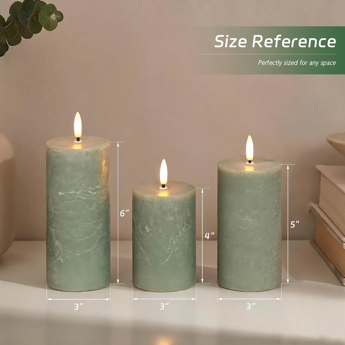 Olive Green Flameless Pillar Candles, Wax LED Candles with Remote | Realistic Battery Operated Decorative Candles