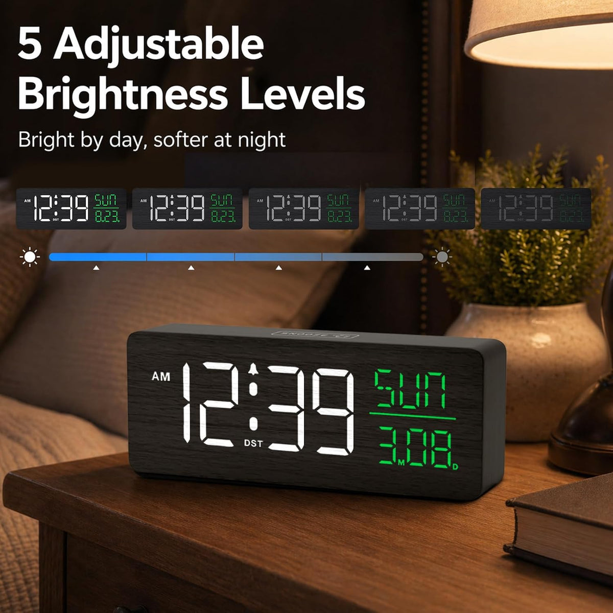 Peakeep Wooden Digital Alarm Clock Large Display, Textured Decoration | for Bedroom Living Room Desk Table, Electric