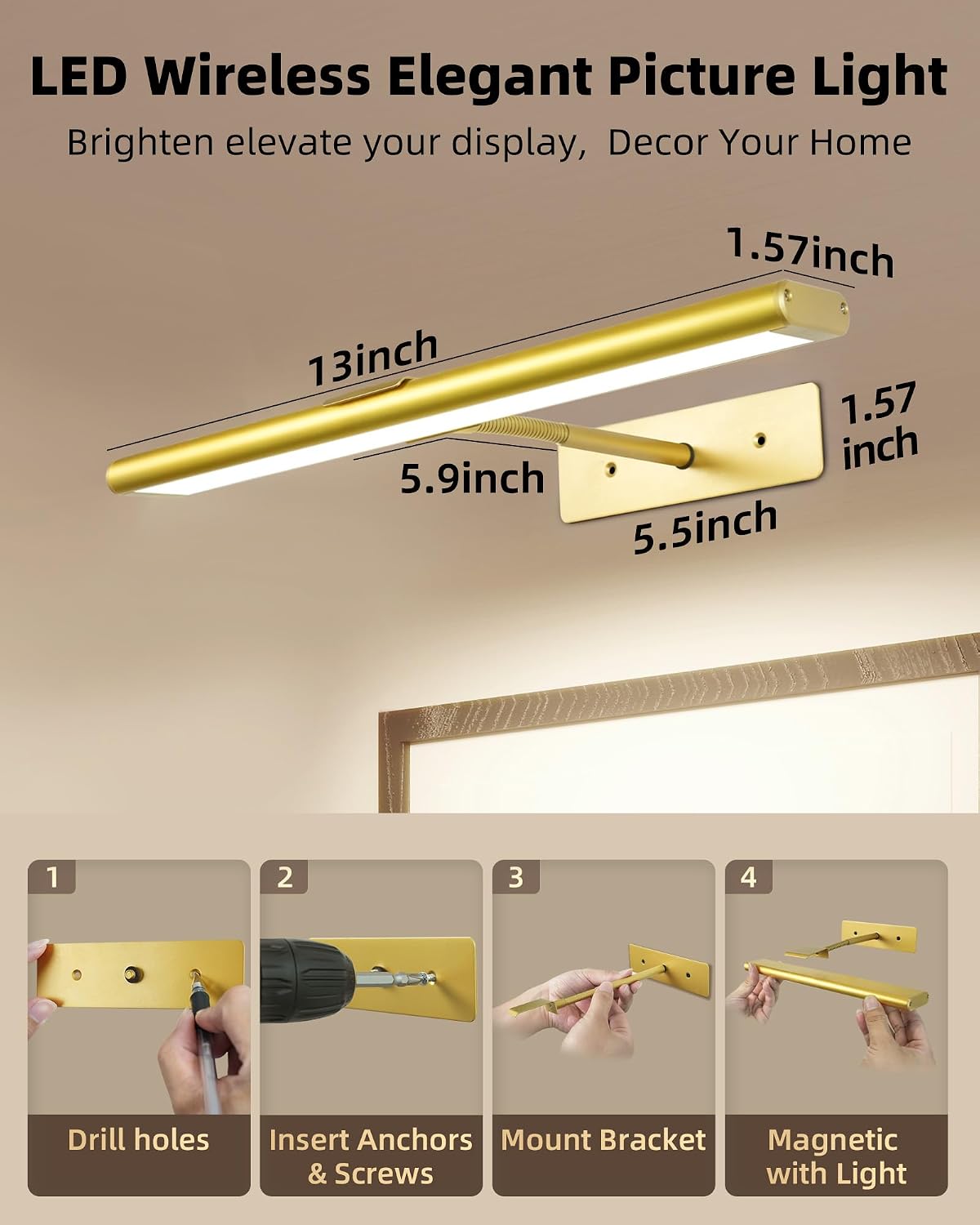 EZVALO Picture Light for Wall, 4800mAh Rechargeable Wireless Remote, 13'' Dimmable Magnetic LED Art Display Light with