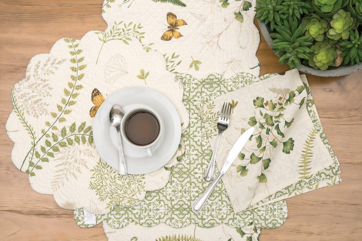 C&F Home 17" Althea Round Scalloped Edge Cotton Quilted Placemats, Set of 6 Spring Springtime Butterfly Dragonfly