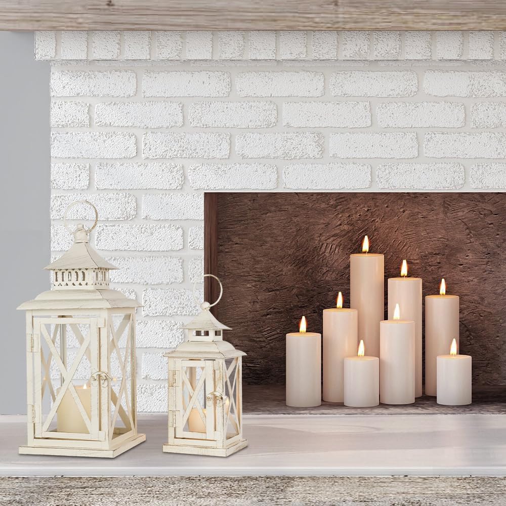 Lanterns Decorative Outdoor&Indoor, Set of 2 (14"&10") Beige Metal Lantern Decor with Glass, Candle Holder for Porch