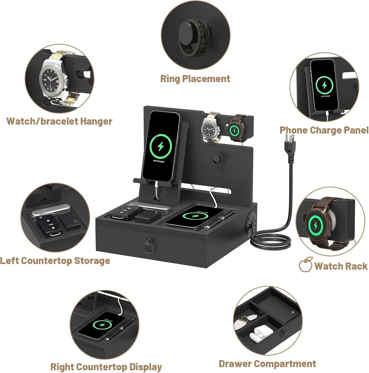 Wood Phone Docking Station with USB Ports and Outlets, Nightstand Organizer | Bedside Organizer with with Charging