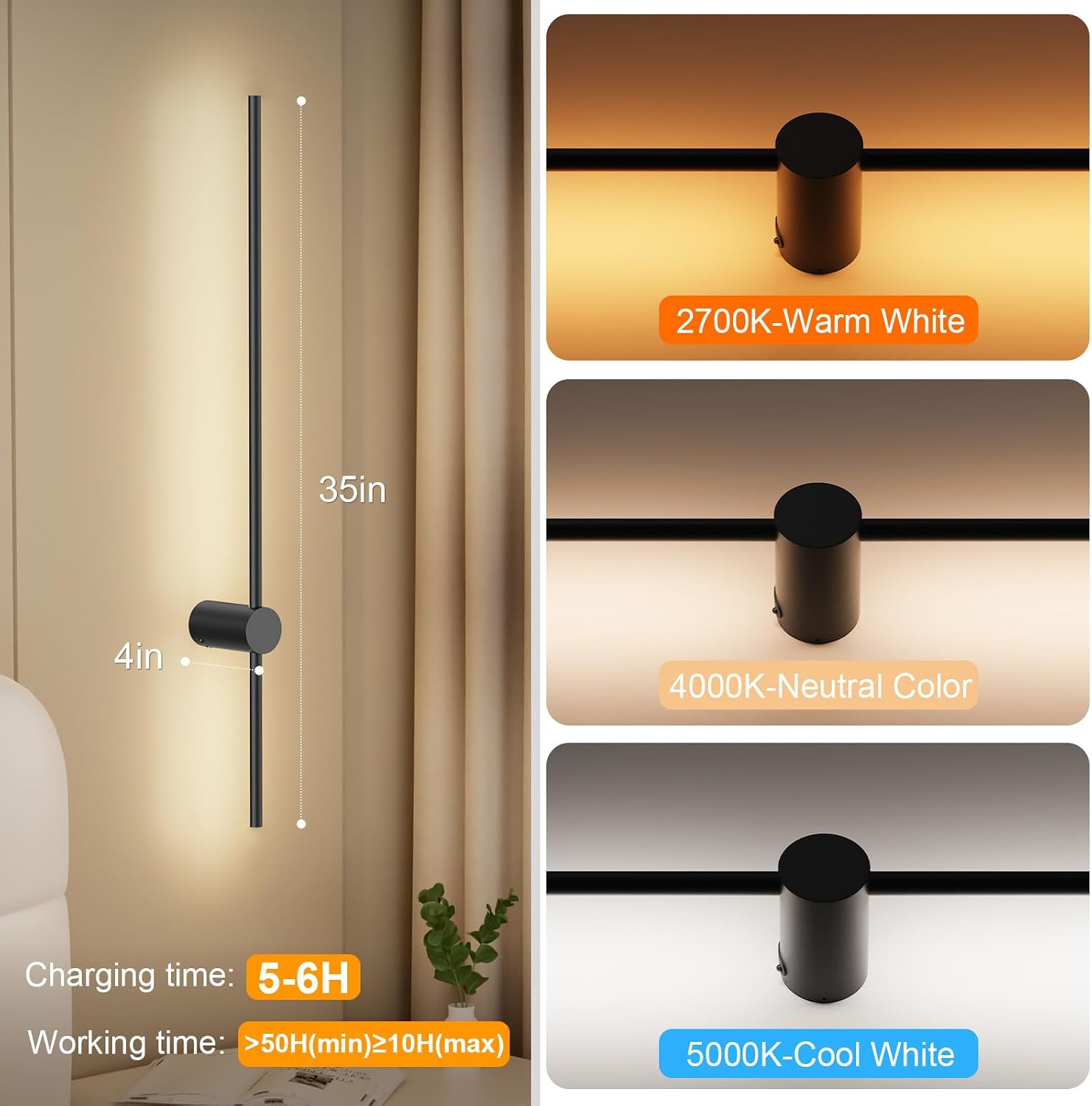 35.4 Inch Battery Operated Wall Sconce Set of 2,Black Minimalist Rechargeable LED Wall Lights with Remote, 10 Colors