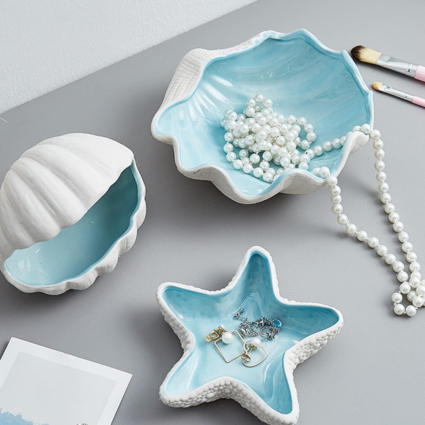 Large Shell Jewelry Dish Tray Ceramic Seashell Bowl Decorative / Shell Jewelry Tray / 6.7 x 7 x 2.4