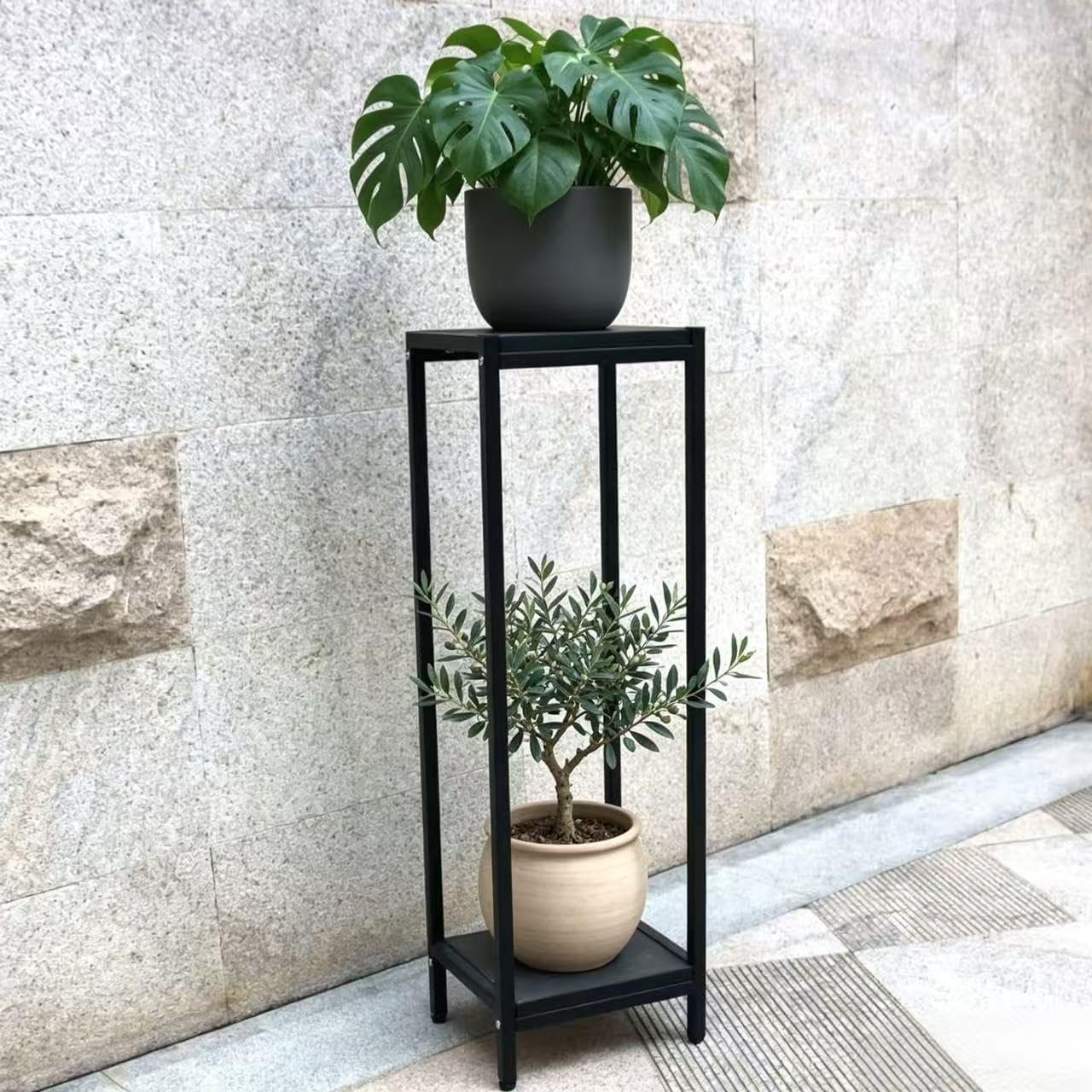 Zhongma 2 Tier 39.5" Tall Plant Stand with Slate Top, 12.4 x 10.63 x 39.5 inches, Square Flower Shelf for Balcony