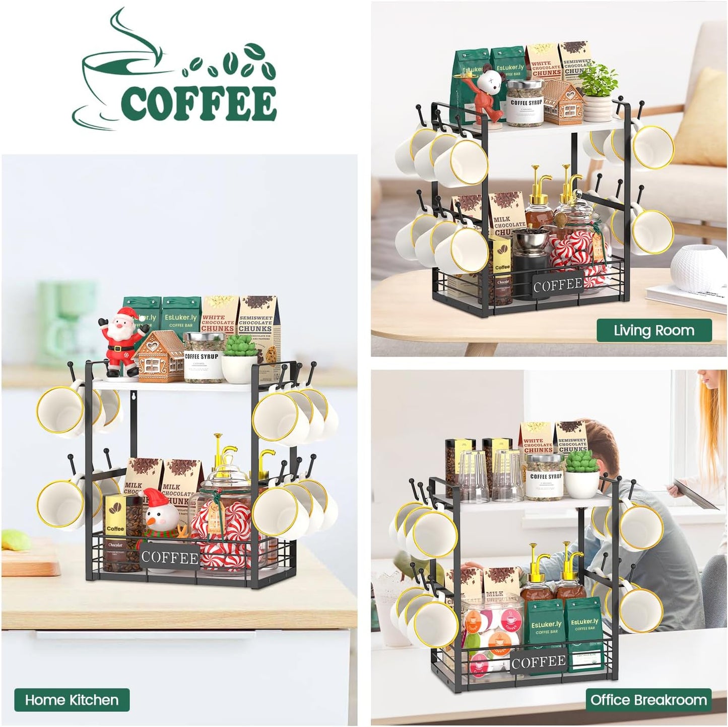 EsLuker.ly Coffee Mug Cup Holder Tree Bar Station Organizer, 2 Tier White | Mug Stand Rack for Countertop Kitchen