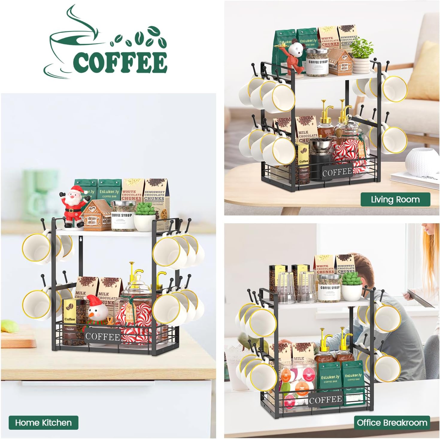EsLuker.ly Coffee Mug Cup Holder Tree Bar Station Organizer, 2 Tier White | Mug Stand Rack for Countertop Kitchen