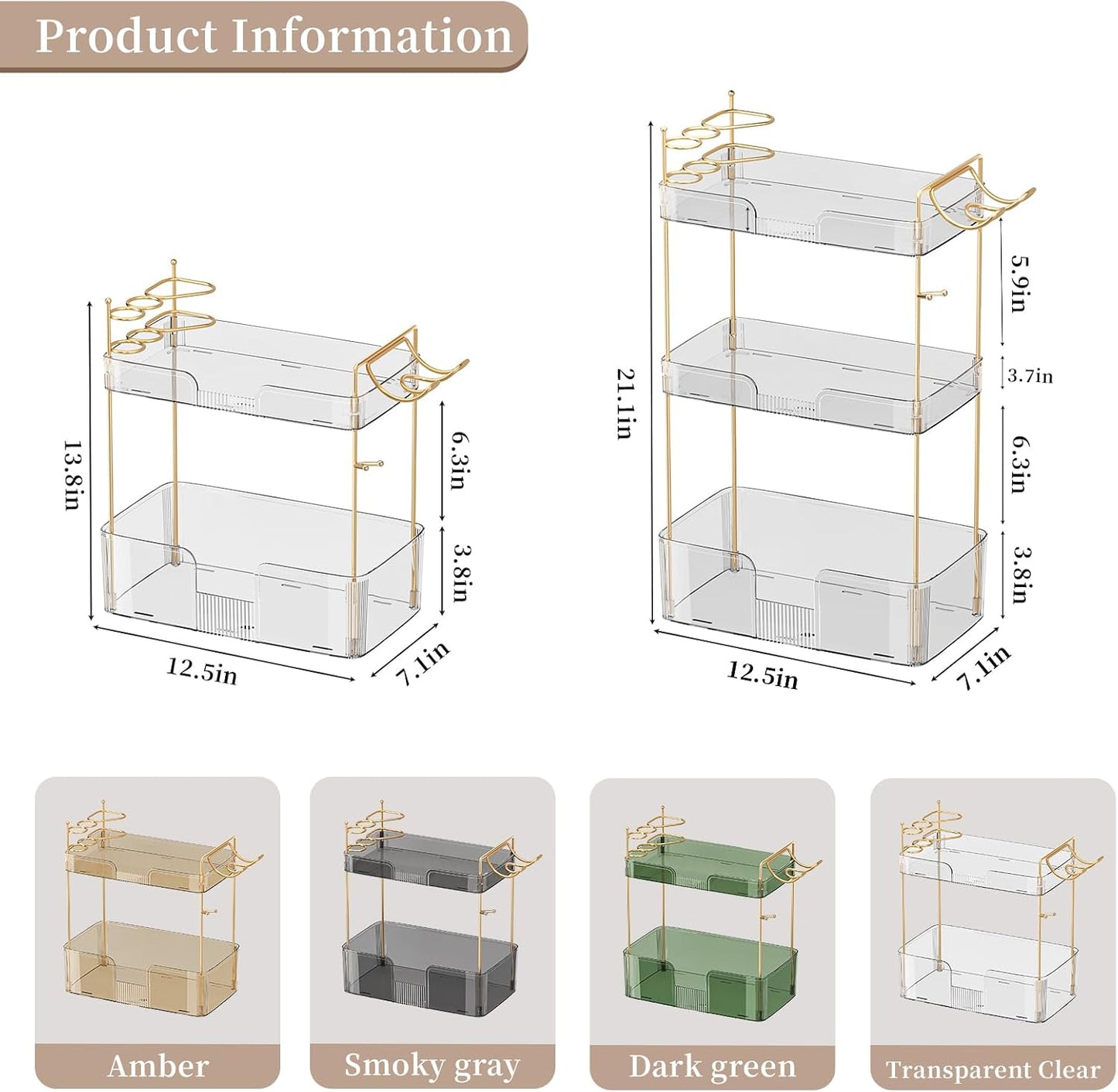 Akinbas 3 Tier Bathroom Organizer Countertop Makeup Perfume Tray Skincare Organizer Comes with Hair Dryer Rack and