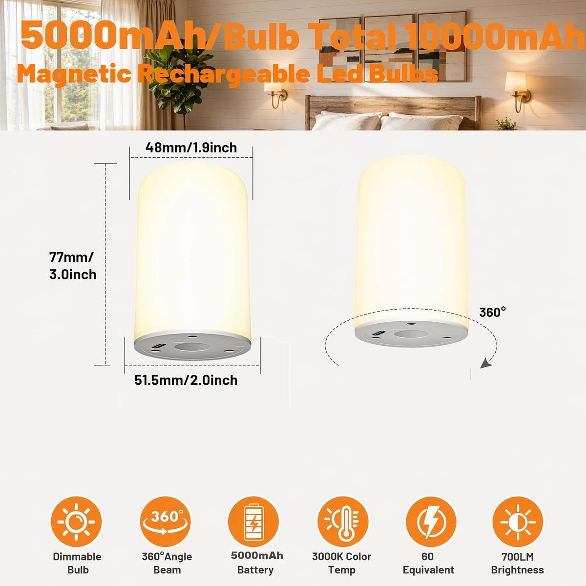 Rechargeable Wall Sconces Set of 2, 10000mAh Magnetic LED Bulb Wall Lights, 9 RGB Colors 3 CCT Dimmable, Battery