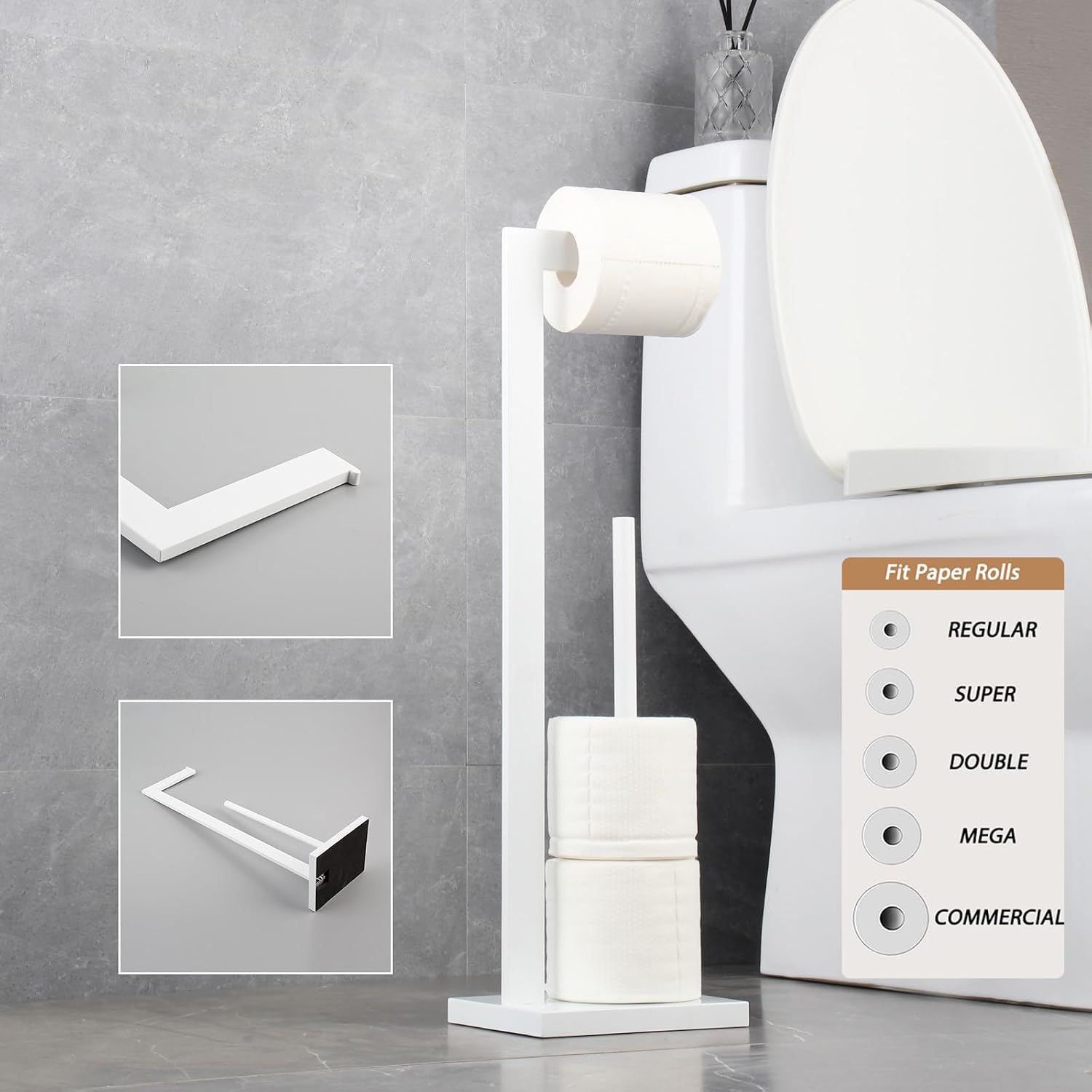 GERZWY SUS 304 Stainless Steel Toilet Paper Stand with Reserve, Free Standing Toilet Paper Holder, White