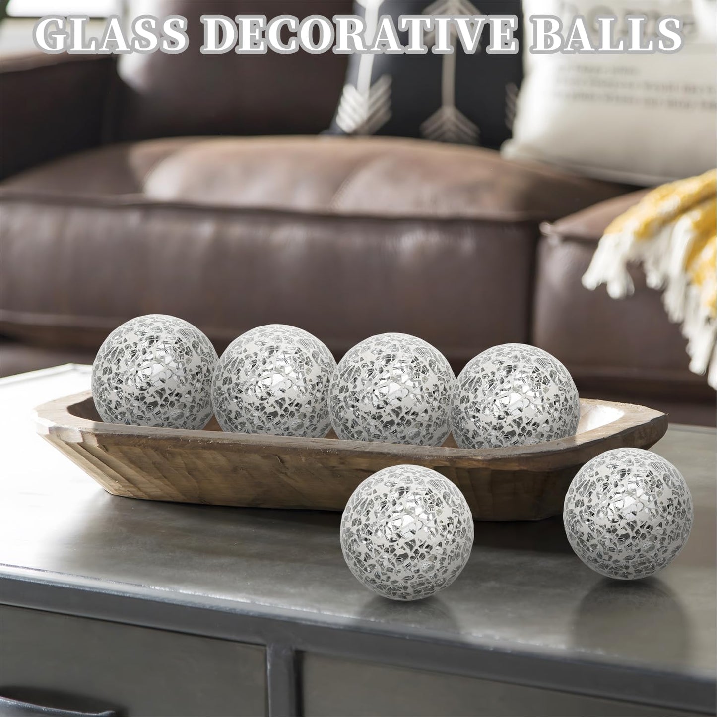 Decorative Balls Set / 6cm Small Mosaic Spheres Glass Orbs / Silver White / 2.4 Inch / Set of 6