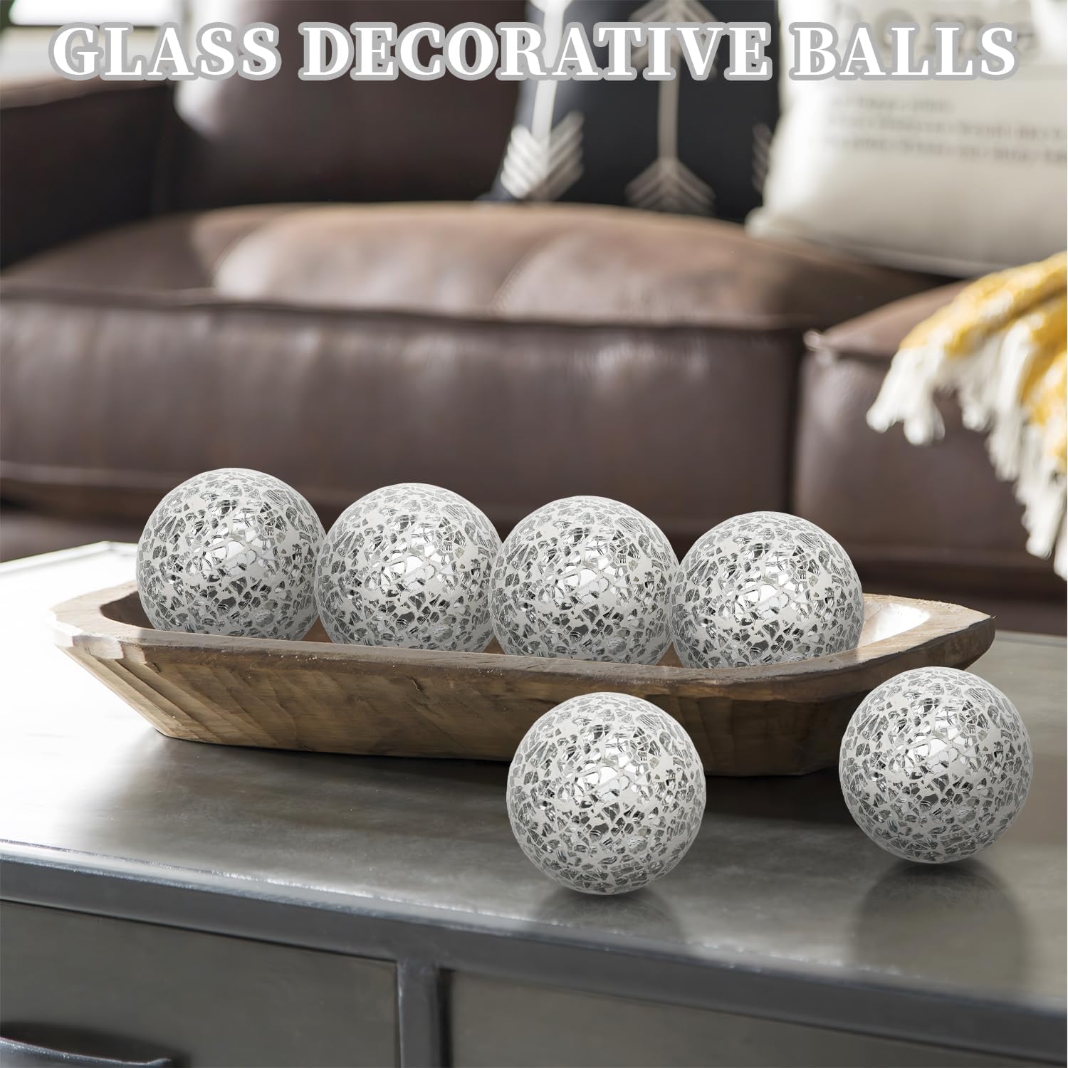 Decorative Balls Set / 6cm Small Mosaic Spheres Glass Orbs / Silver White / 2.4 Inch / Set of 6