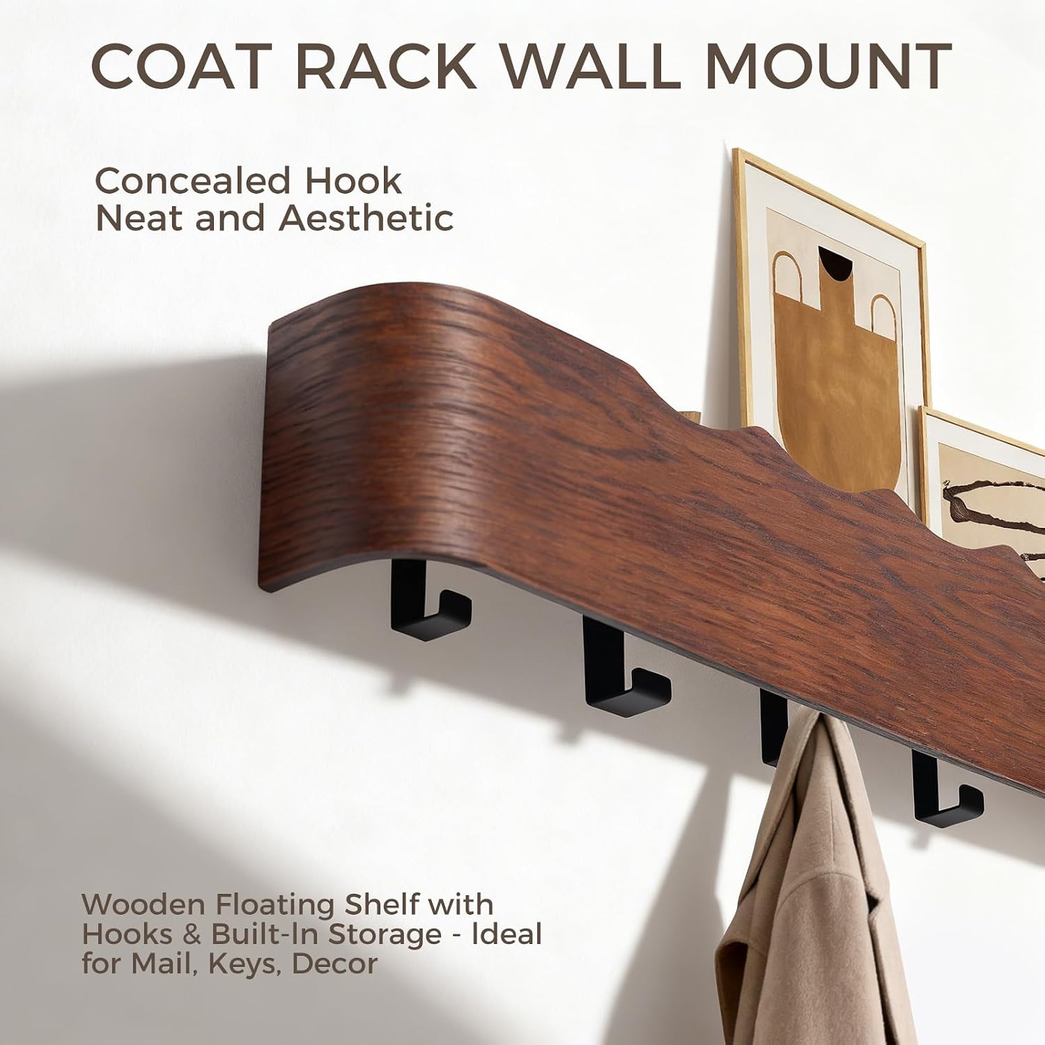 Shelf Entryway Shelf Modern Key Holder Hanger Wall Shelves / Wavy Walnut Color / 5 Hooks