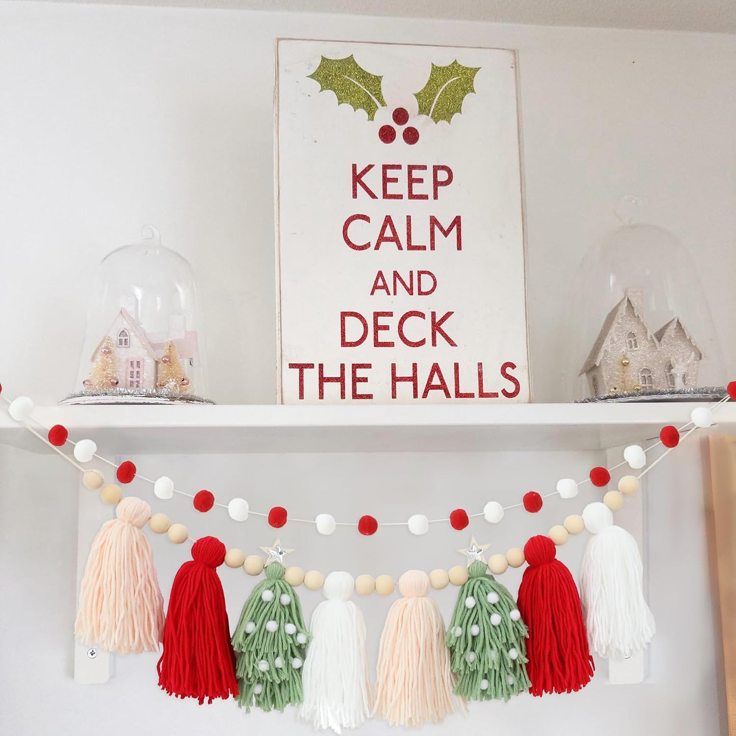Wood Beads And Pom Pom Garlands Wall Hanging Home Decor For Christmas / Red White Pink Green