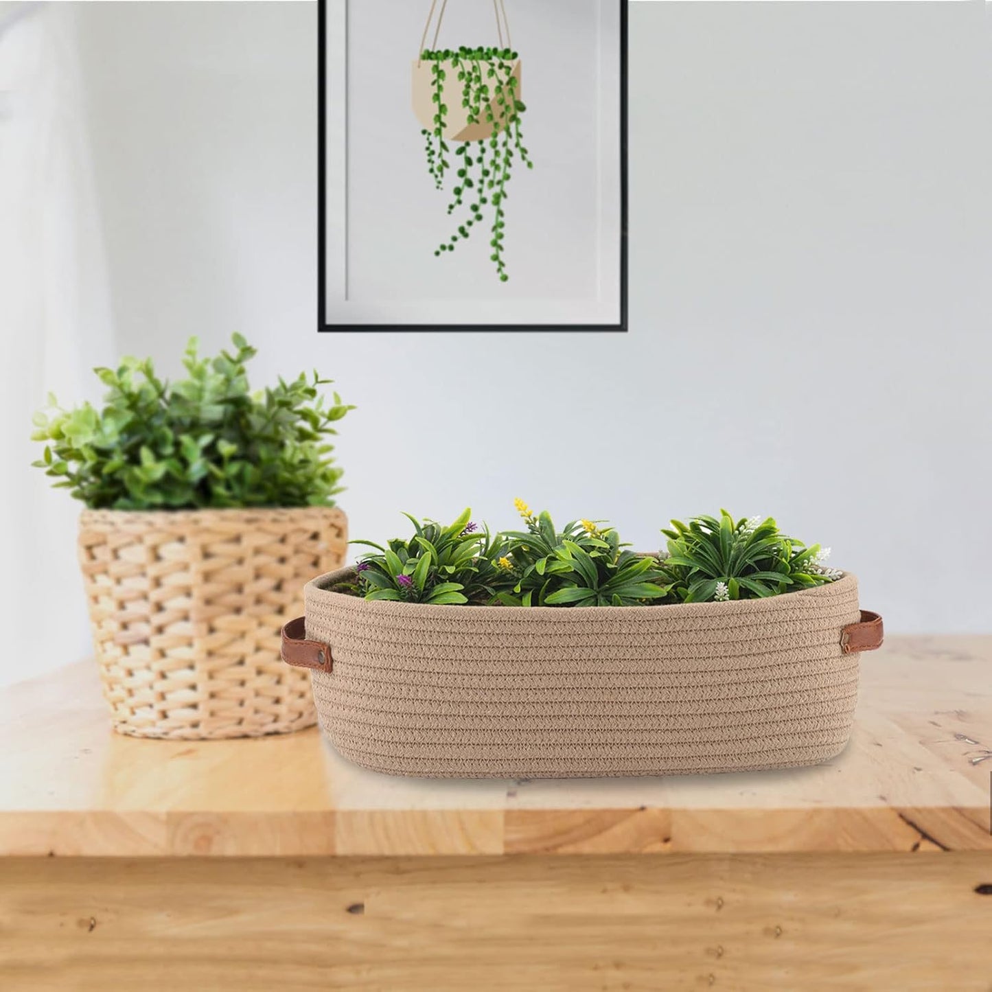 Storage Basket Boho Decor Baskets for Organizing Woven Decorative Basket for Countertop / Khaki