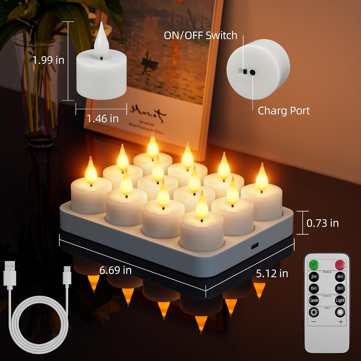 Rechargeable Flameless Tea Lights Candles with Remote Charging Base 12Pcs | Battery Operated Tea light with Timer, LED