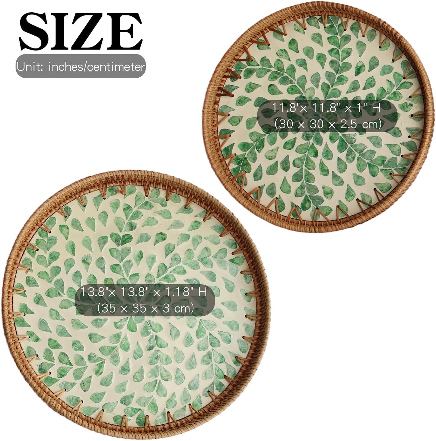 Rattan Mother of Pearl Inlay Serving Tray / Leaf Spring / Set of 2
