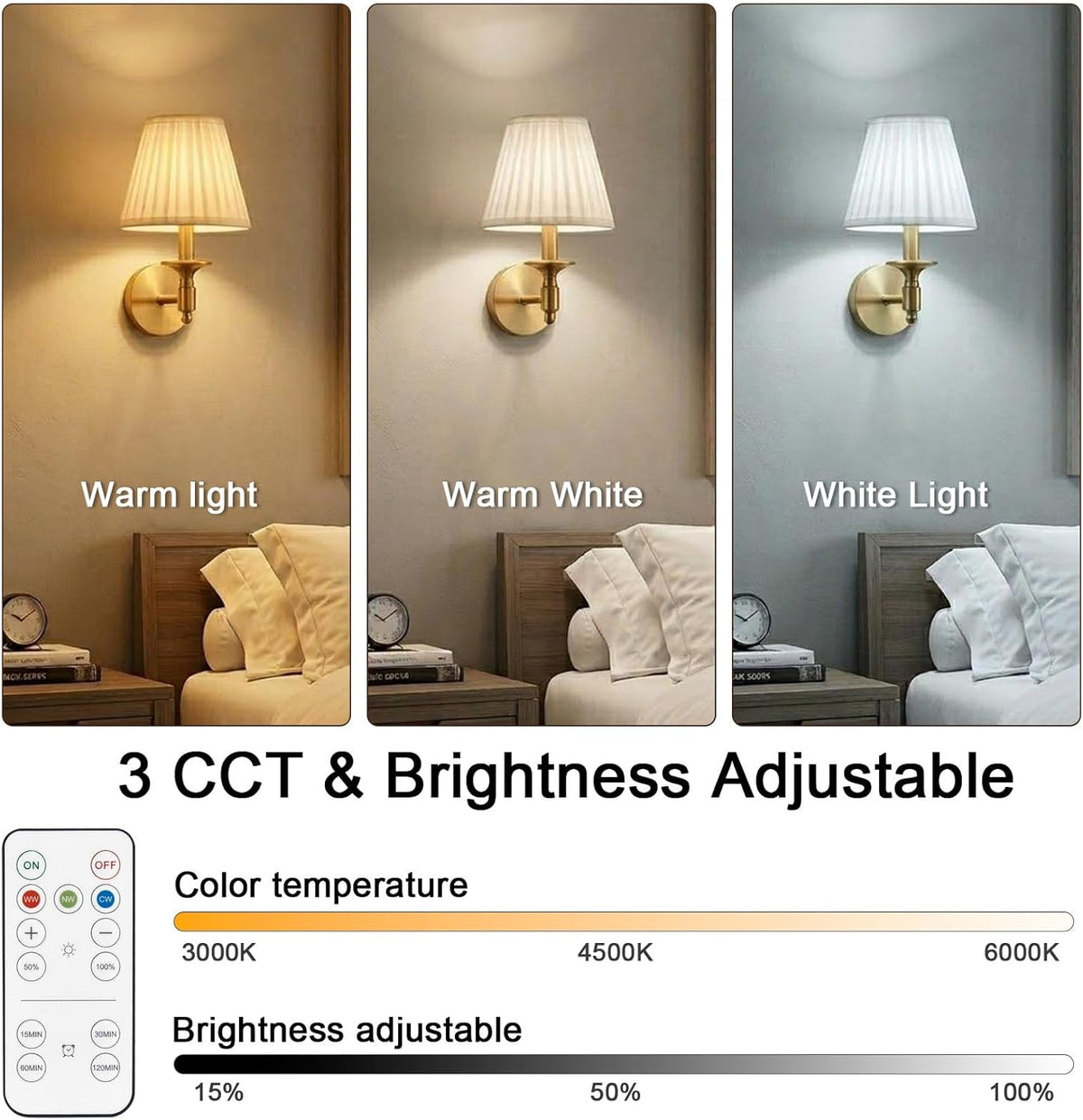 Battery Operated Wall Sconce Set of 2, Gold Wireless Wall Lights with 3 CCT Color Temperature & Dimmable Magnetic Bulb