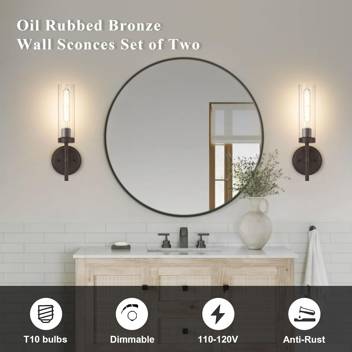 Oil Rubbed Bronze Wall Sconces Set of Two, Bathroom Wall Sconces Vanity Lights with Clear Glass Shade, Modern Farmhouse