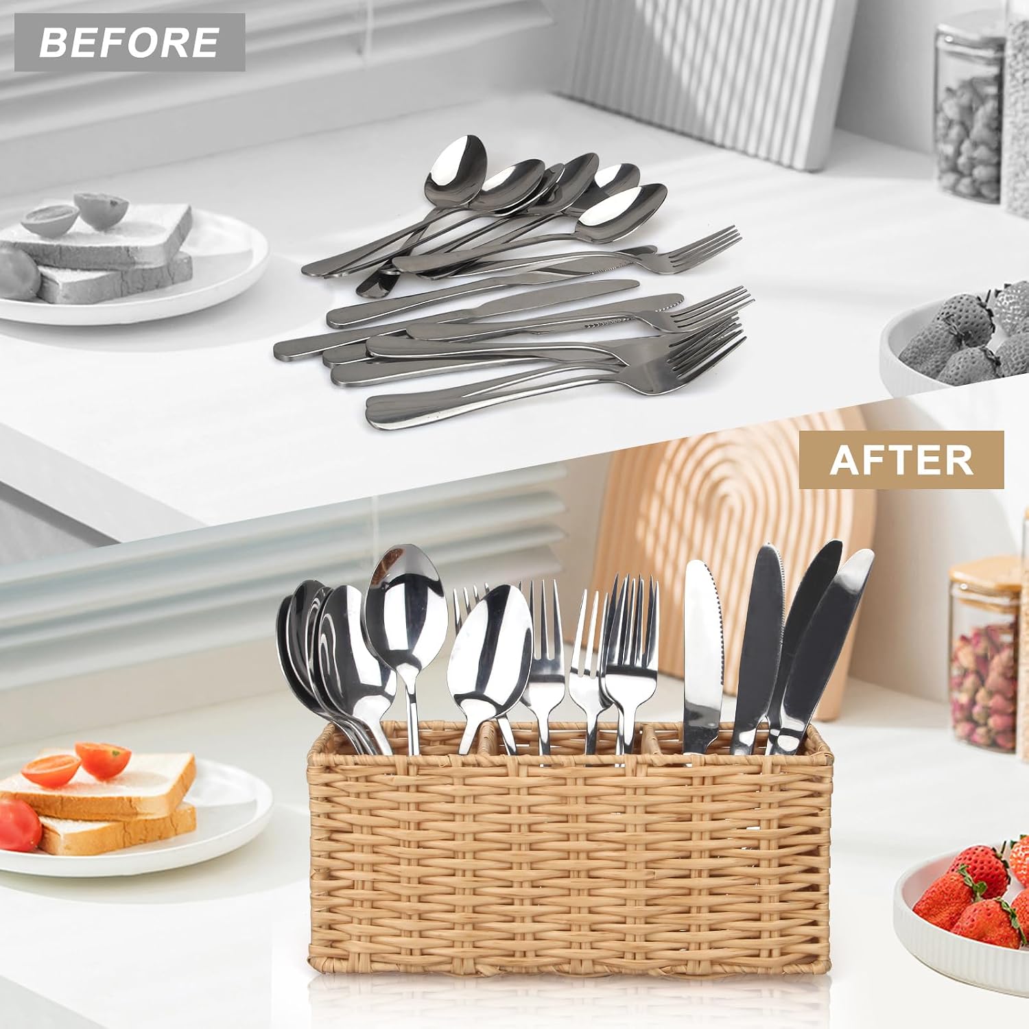 Wicker Flatware Silverware Caddy Cutlery Holder Kitchen Silverware / 9.5"lx4"hx3.3"w / Natural