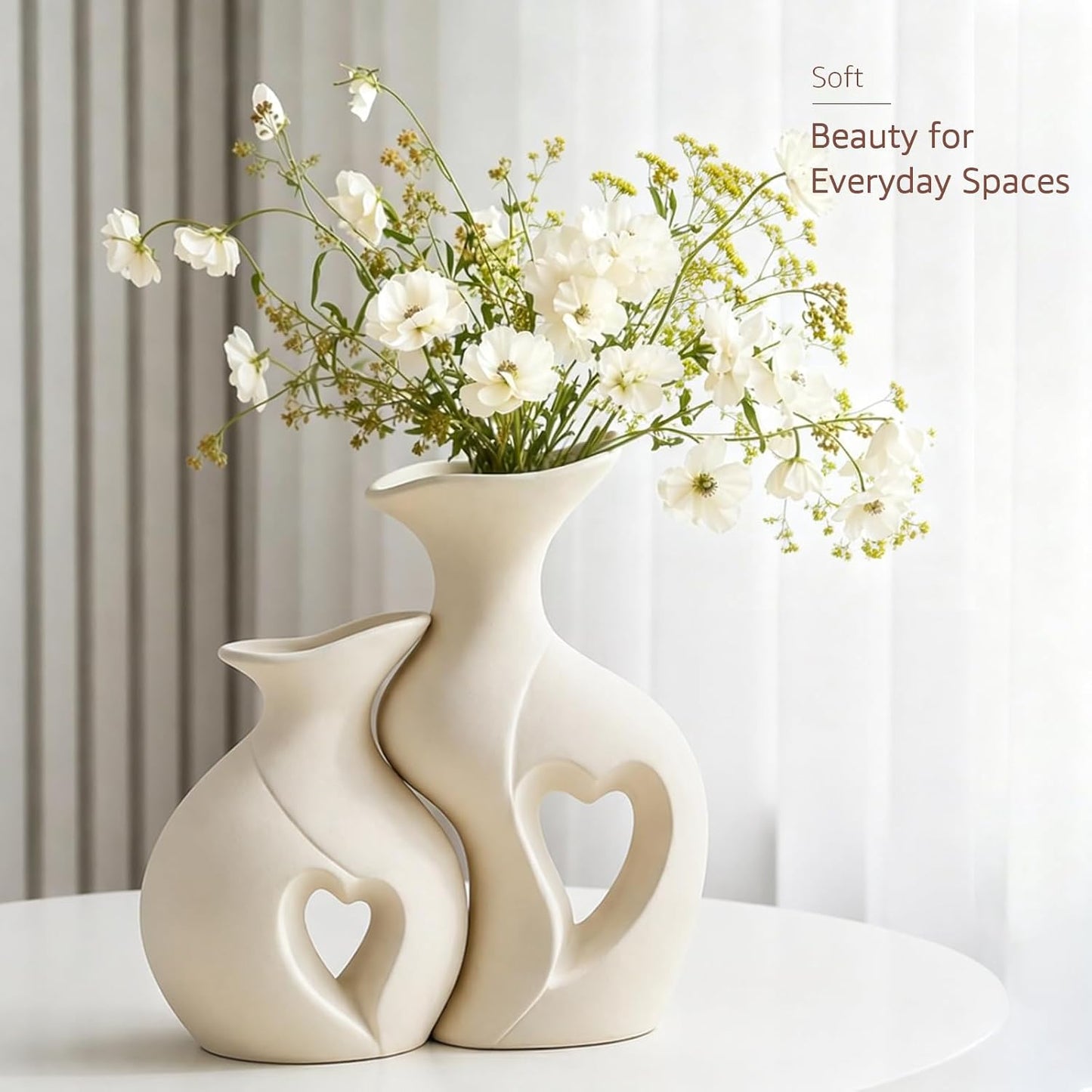 Ceramic Vase Hollowed Heart Flower Vase Set for Modern Nordic Boho Home Decor / White