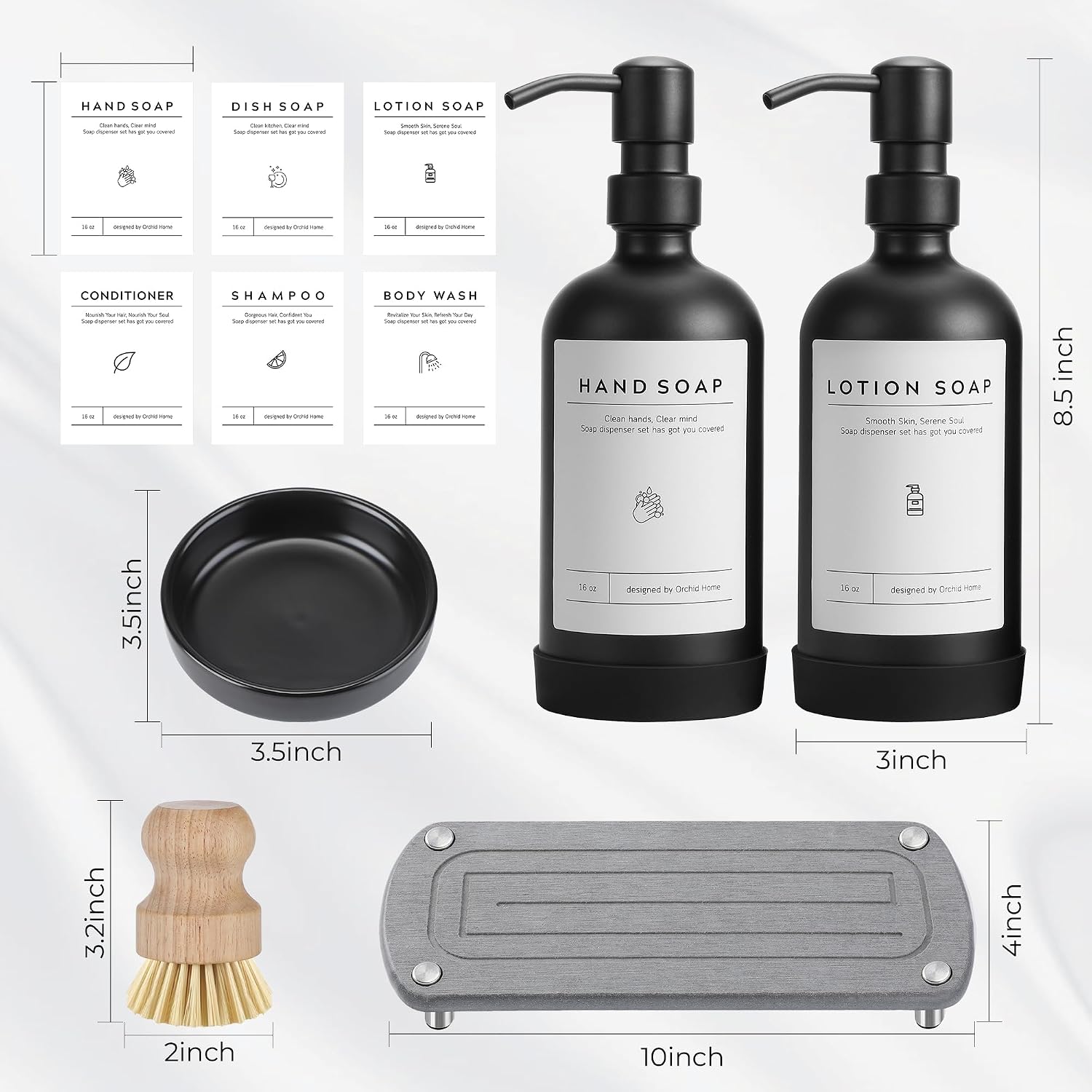 [Luxury] Kitchen Soap Dispenser Set - 16OZ Black Glass Bottle, Stainless Steel Pump, Instant Dry Tray, Waterproof