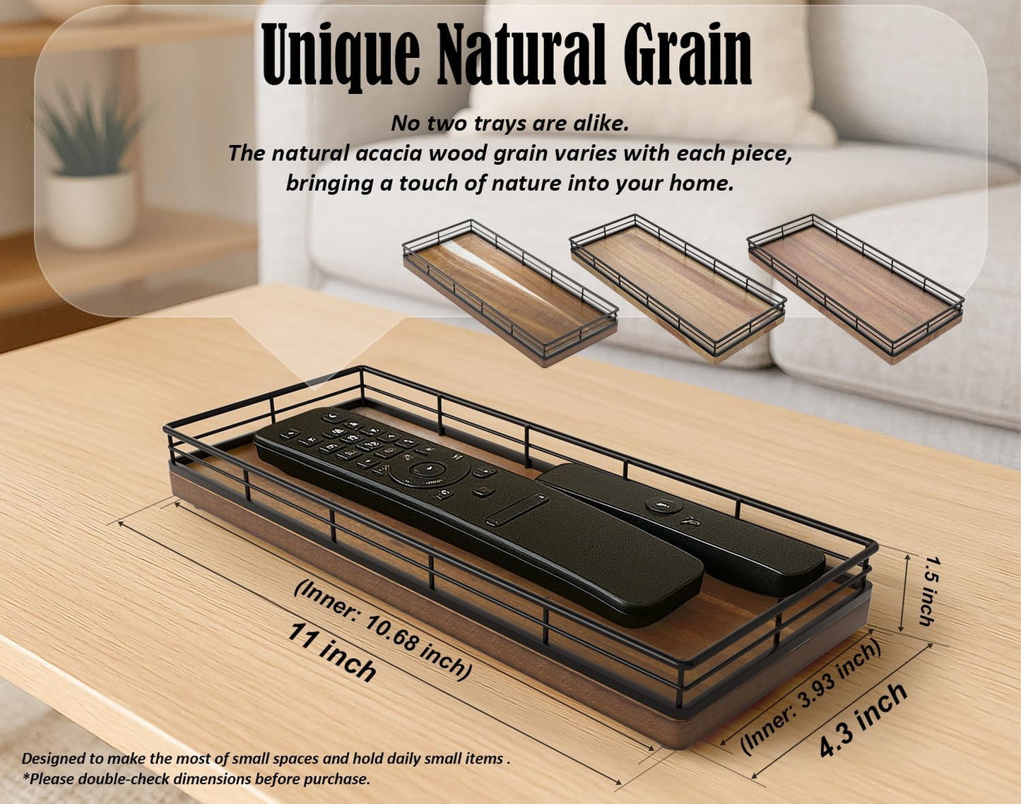 Wood Bathroom Vanity Tray / Acacia / 11 x 4.3 x 1.5