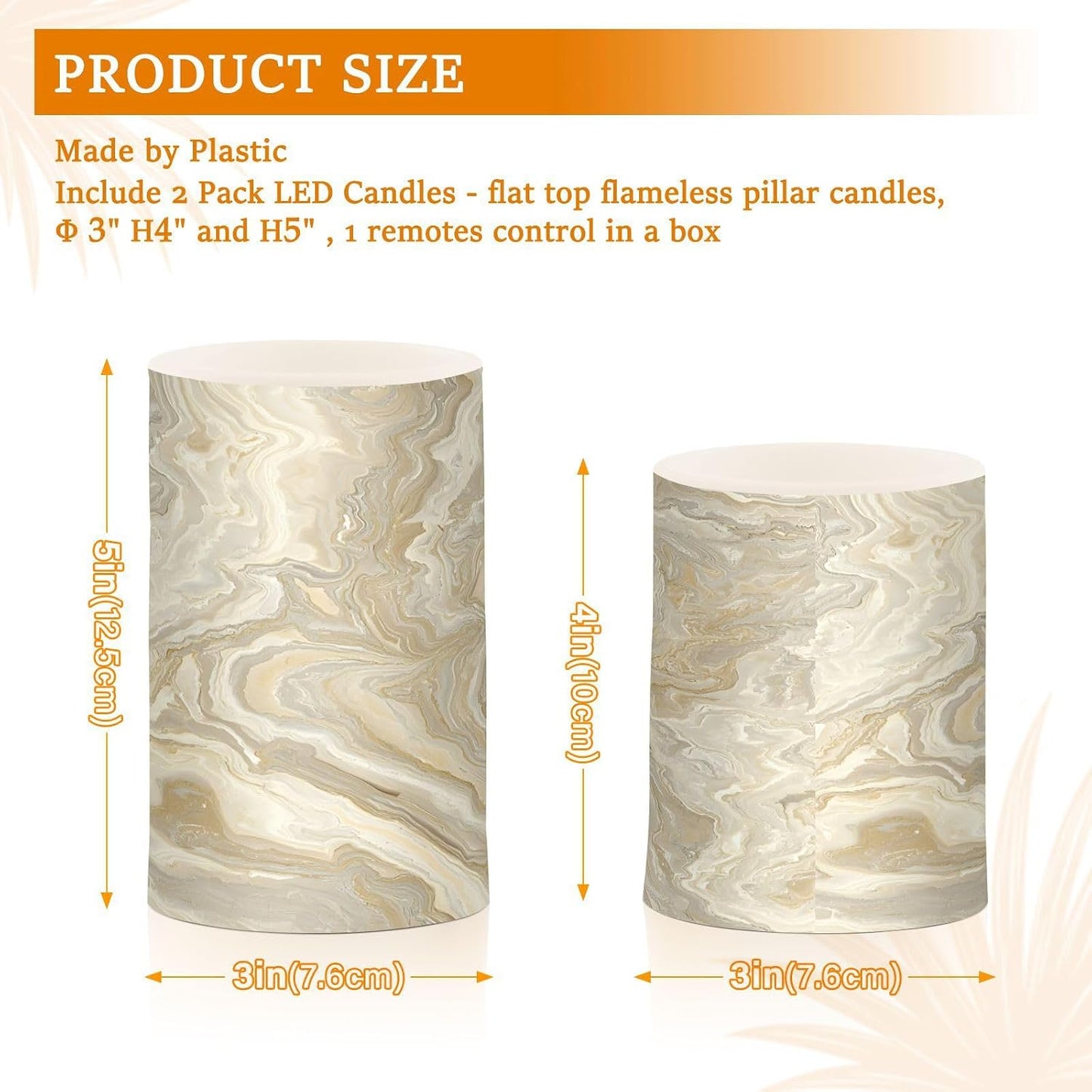 Flickering Flameless Candles, Gold Tile Marble LED Candles with Remote Timer, Set of 2 Battery Operated Candle for