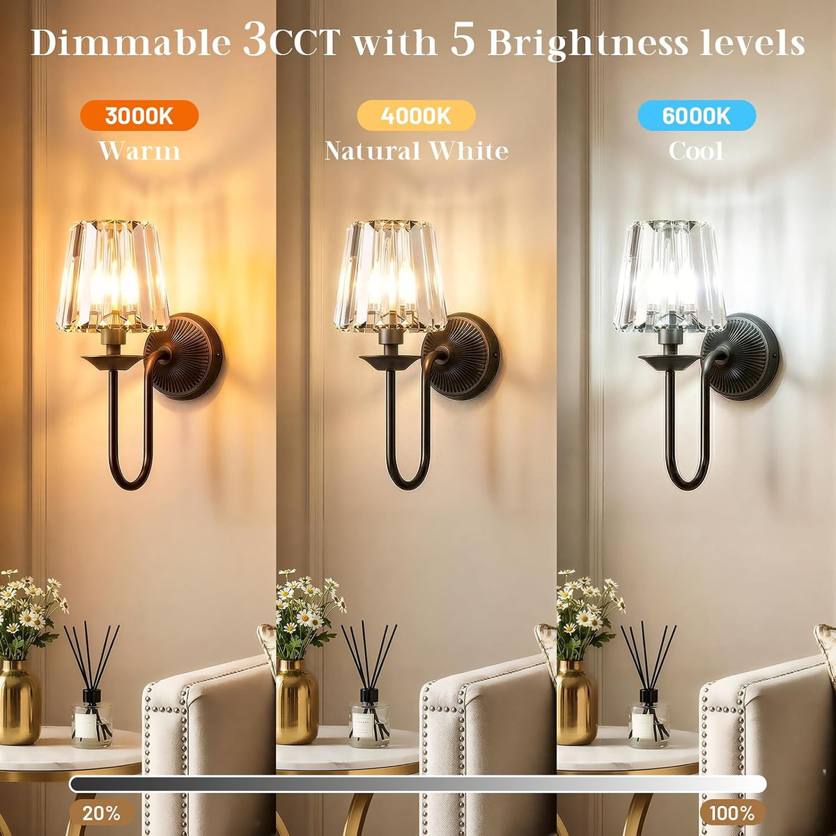 Black Battery Operated Wall Sconces Set of Two, Crystal Wireless Rechargeable Wall Lights with Remote, Dimmable 3 CCT