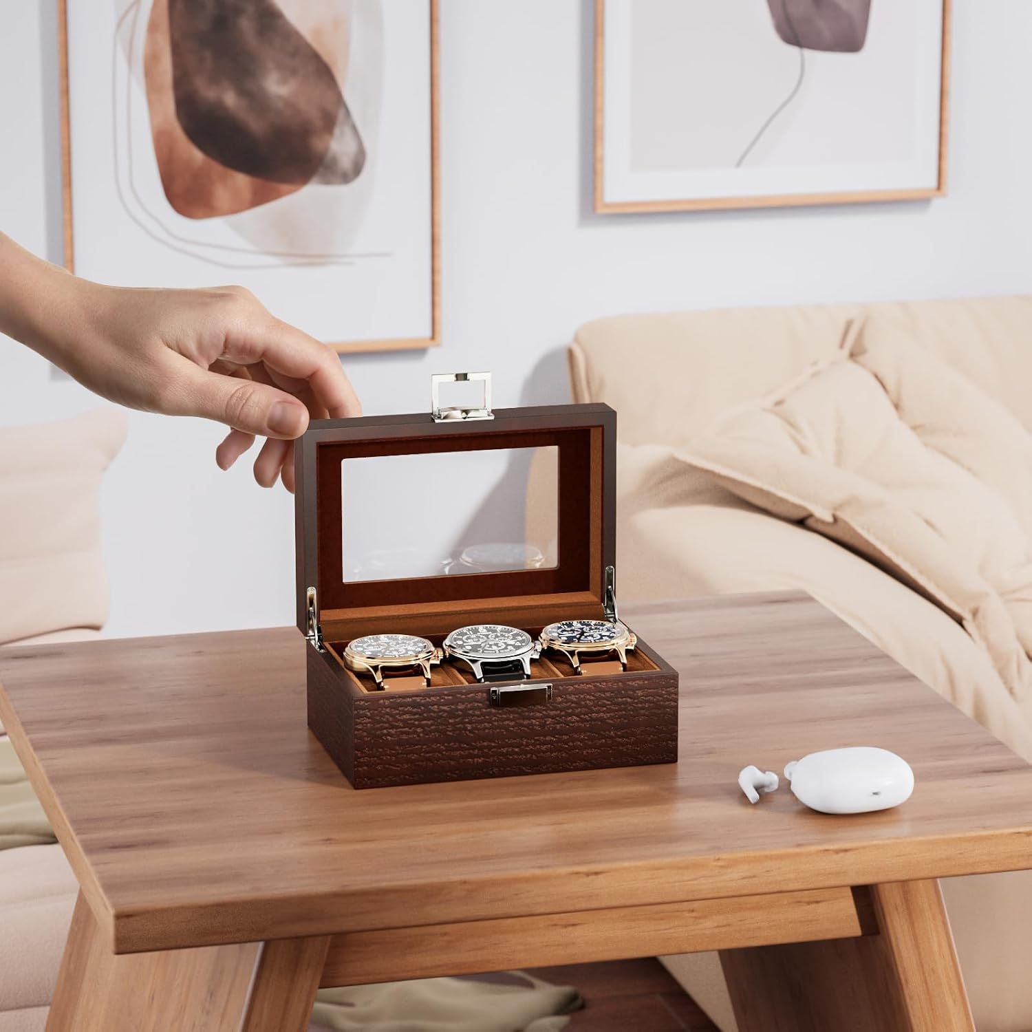ProCase Wooden Watch Box, 3 Slot Mens Watch Display Case, Espresso | Wood Watches Holder Storage Organizer with Clear