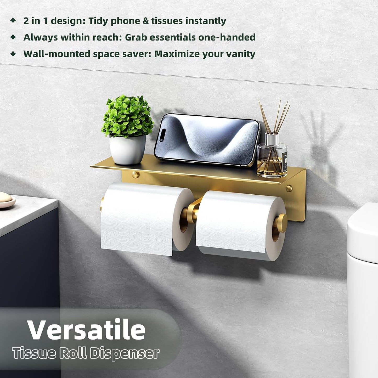 APLusee Double Roll Toilet Paper Holder, Brushed Gold, 304 Stainless Steel | Wide Utility Shelf, Phone & Wet Wipe