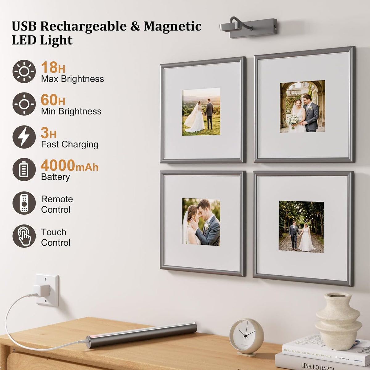 Picture Light for Wall, 4000mAh, 13.8 Inch, 2 Pack Grey | Cordless Rechargeable, LED Art Light with Remote, Dimmable 3