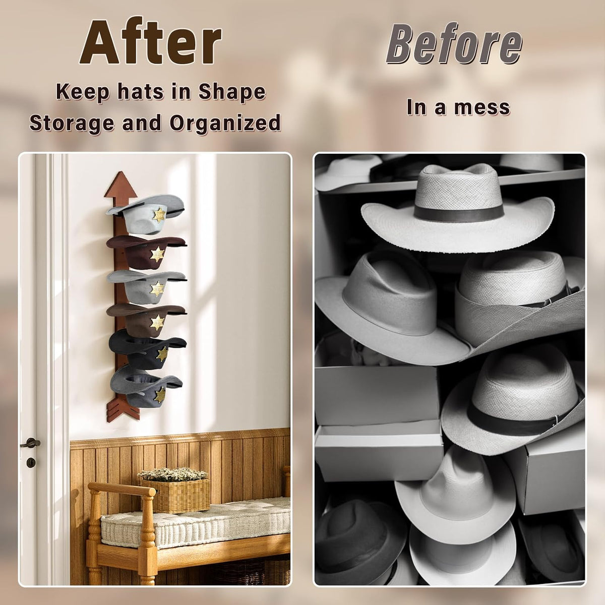 Cowboy Hat Holder for Wall 6PK Arrow Solid Wood with Metal Western Hat Rack | Wall Decor Hat Organizer Hanger Storage