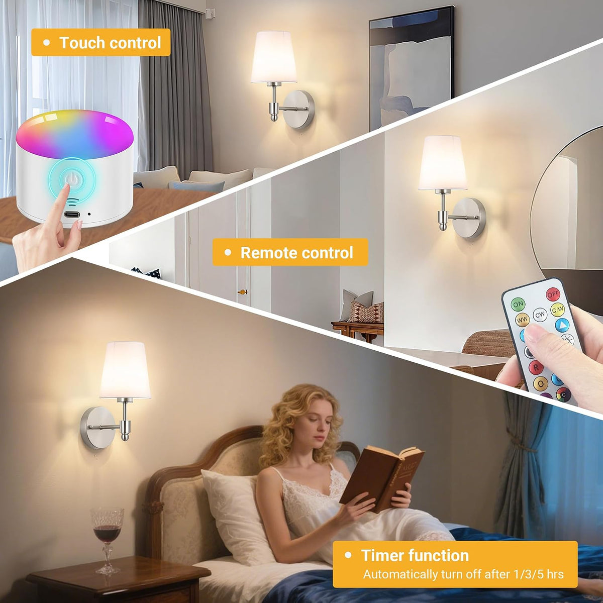 YHCDLAMP Battery Operated Wall Sconces Set of Two, Rechargeable Wireless Wall Lights with 10000mAh RGB Dimmable
