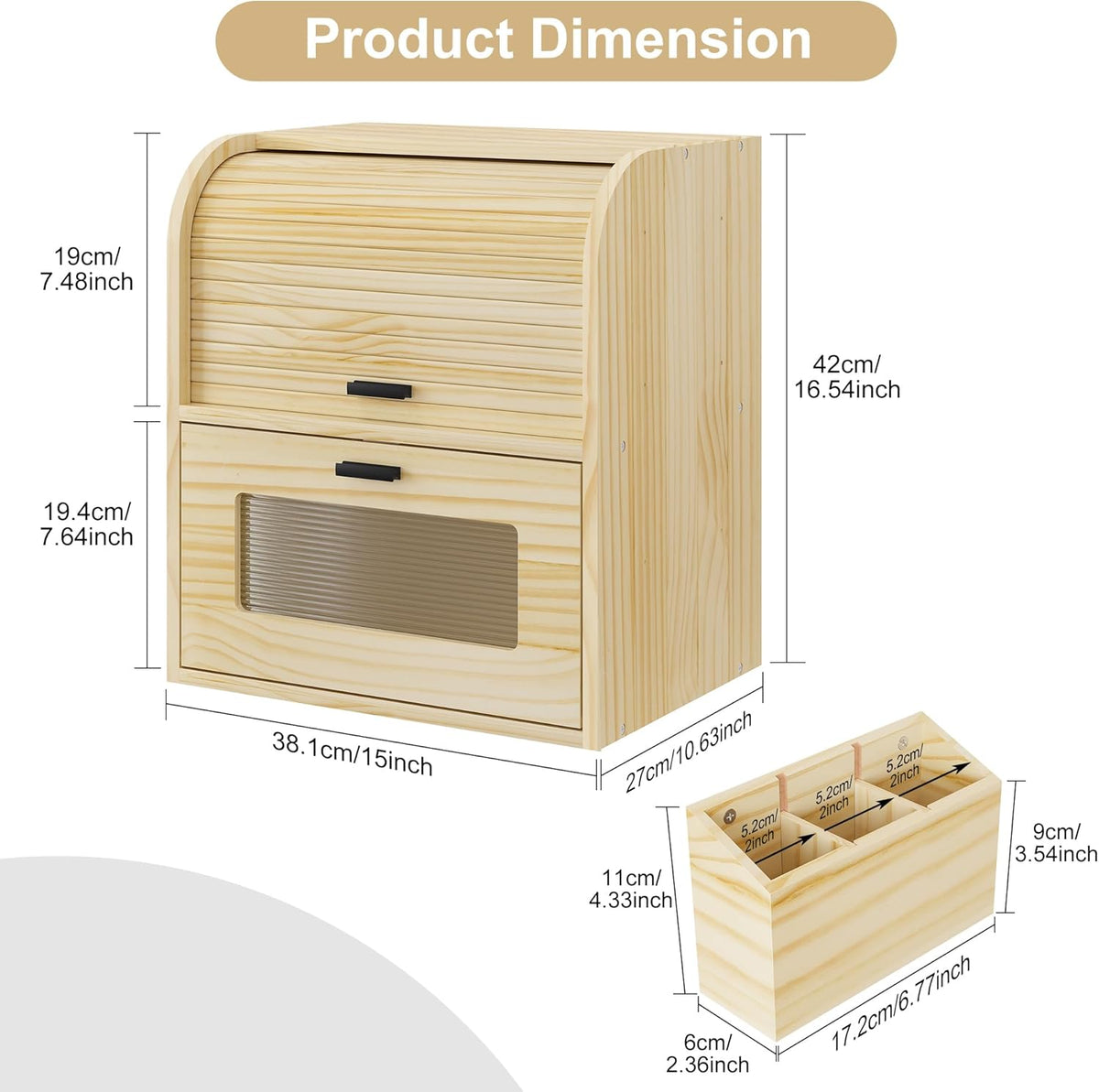 TQVAI Roll Top Bread Box for Kitchen Countertop, Keep Fresh Longer, Easy to Maintenance, Double Layer Vintage Wooden