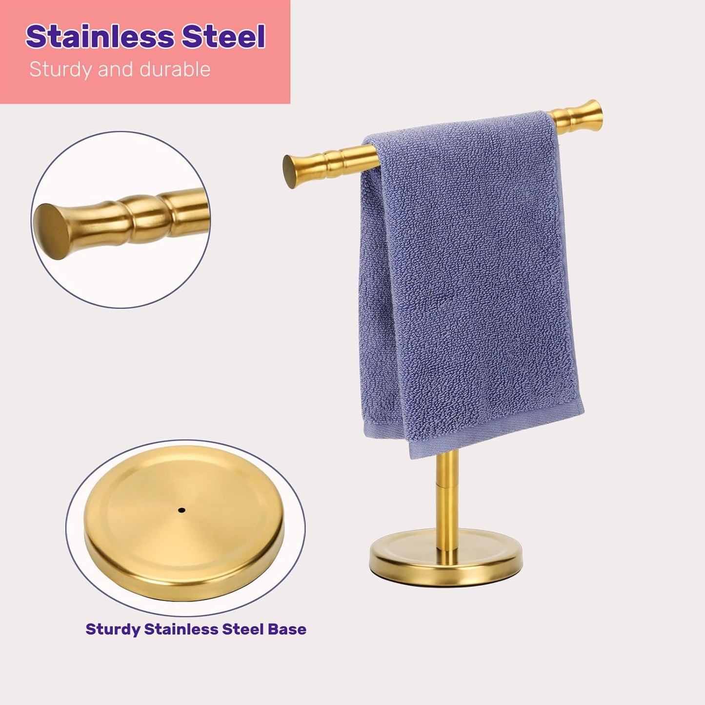 Gold Hand Towel Holder Stand for Bathroom Vanity Countertop SUS304 Stainless Steel T-Shape Free Standing Towel Rack