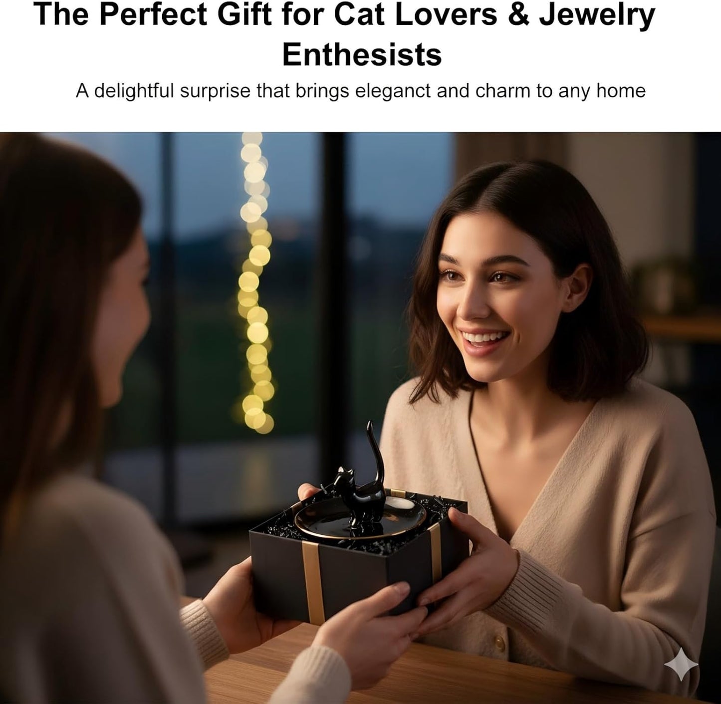 Cat Ring Holder Trinket Tray Ceramic Jewelry Dish Porcelain Ring Organizer-Gift / Black