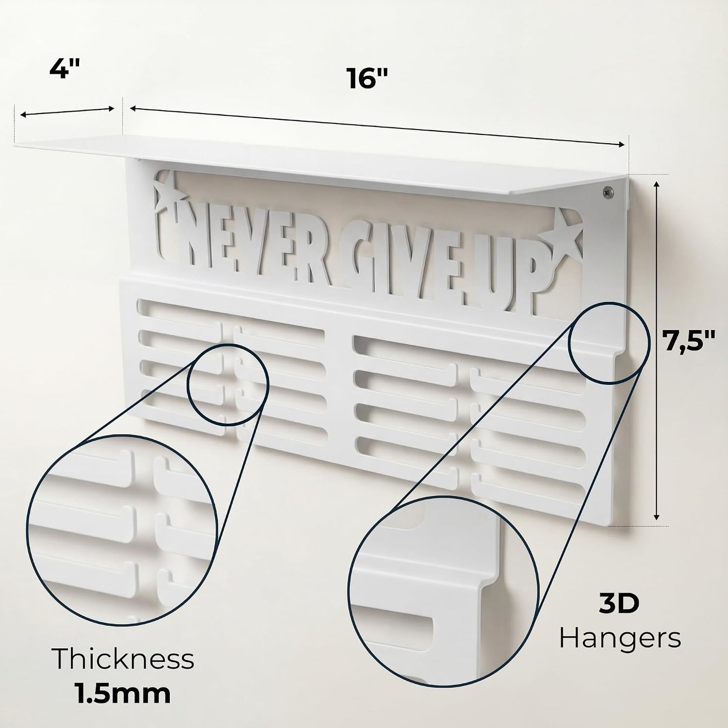 AGATHOS HOME Medal Hanger Display with Trophy Shelf - Metal Awards Rack for Walls Holds 64+ Sports Medals- Our Never
