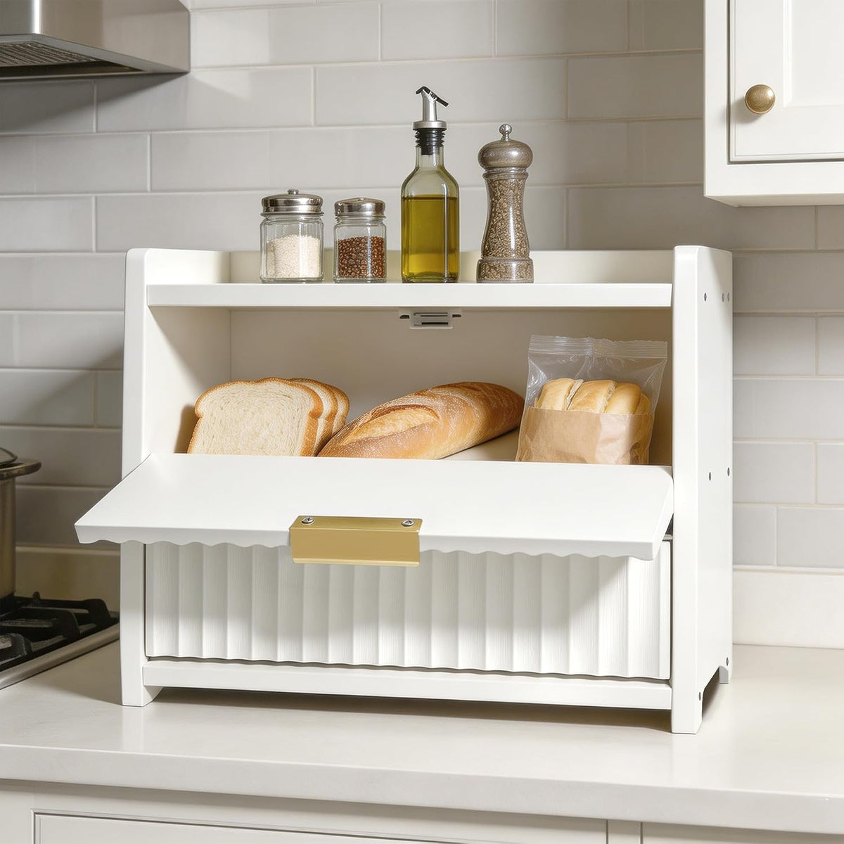 Large Bread Box, White, Double Layer Wooden | Top Shelf, Countertop Organizer Cabinet, For Bread & Coffee Station