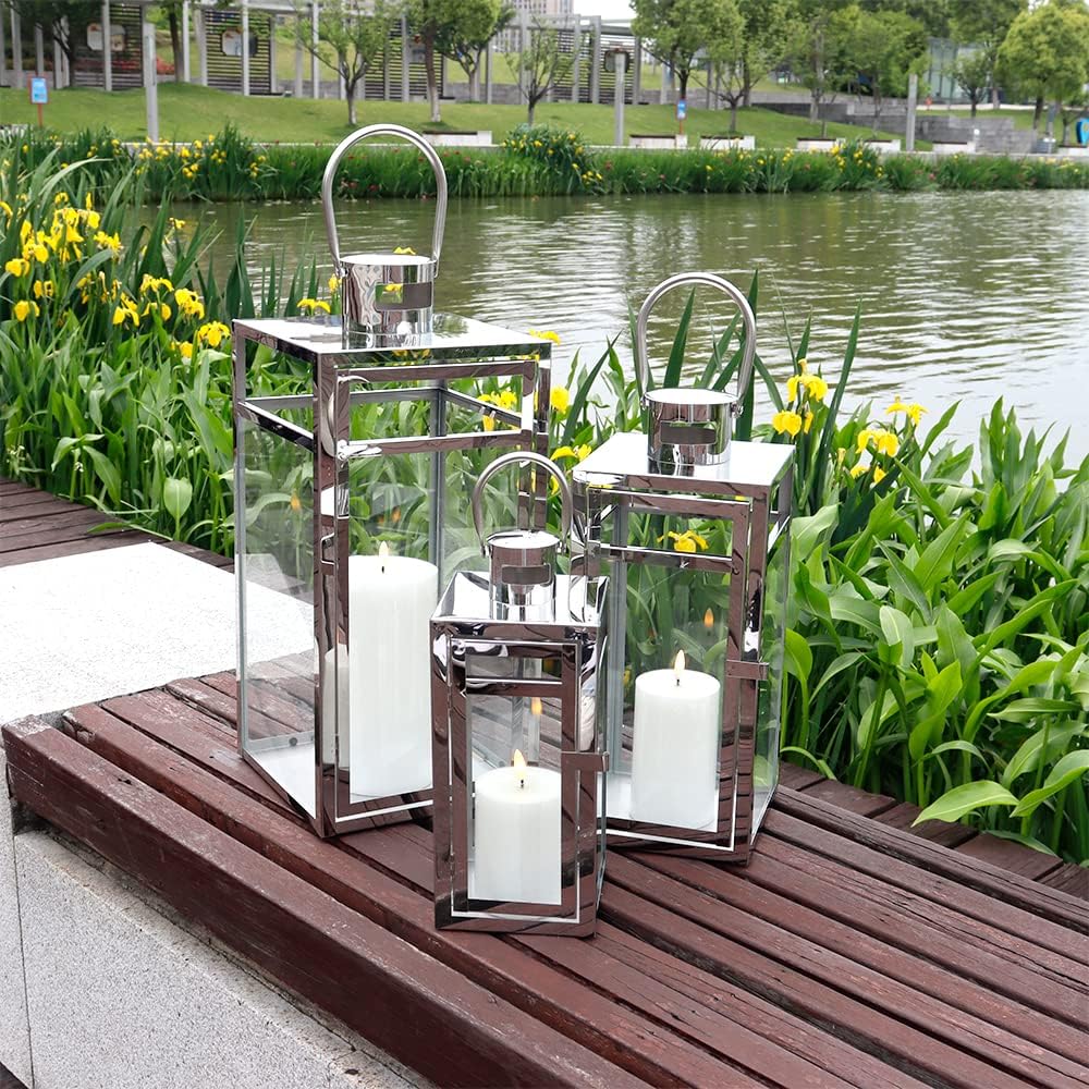 TRIROCKS Stainless Steel Lantern Set of 3, 19/15/12" Tall Metal Hanging Lanterns with Tempered Glass Panels, Indoor &