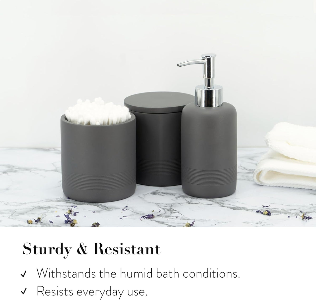 Gray Bathroom Accessories Set 6 Pieces - Toothbrush Holder, Lotion Dispenser, Qtip Container, Vanity Tray, Tumbler