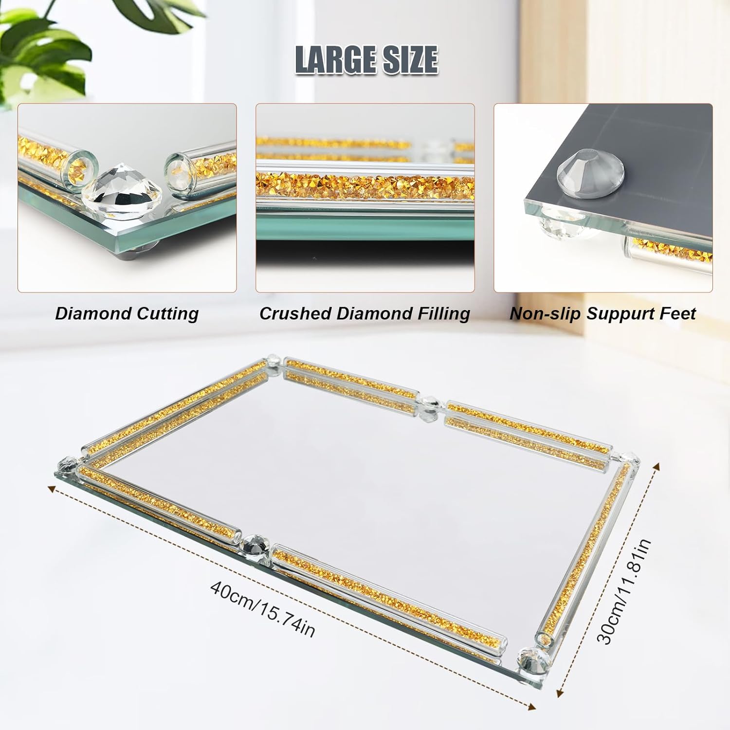 Crushed Diamond Filled Glass Vanity Tray / Gold / 15.7 x 11.8 x 1.4