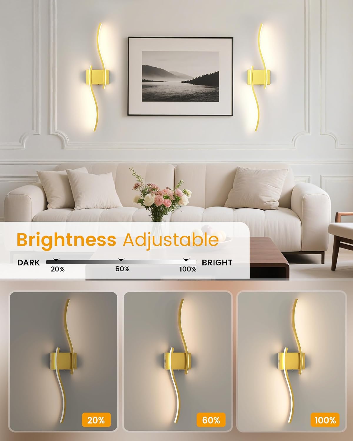 27.6 Inch Battery Operated Wall Sconce Set of 2, Gold Modern Rechargeable Wall Lights with Remote, 3CCT Dimmable