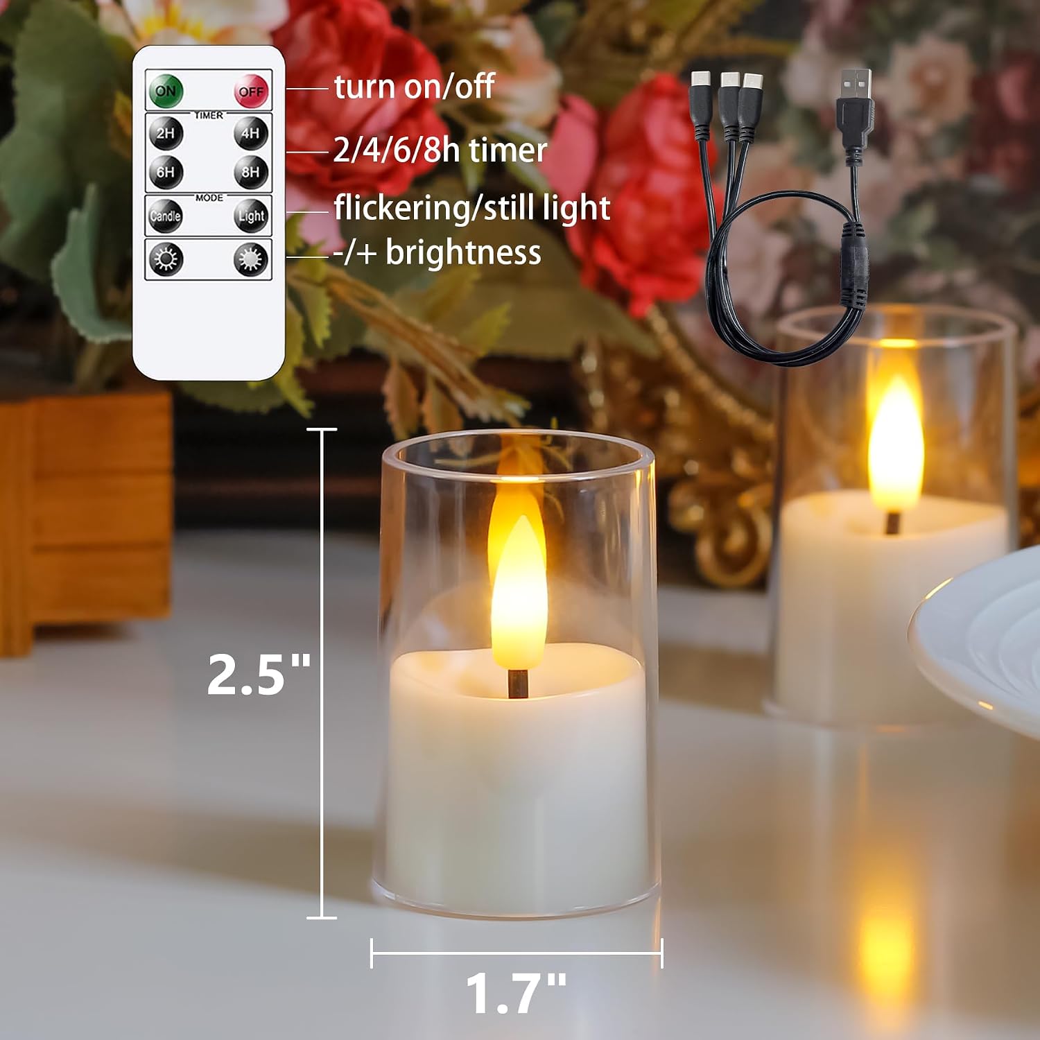 Rechargeable Acrylic Flameless Votive Candles with Timer & Remote Control, 1.7" x2.5" Flickering LED Warm Glow Tealight