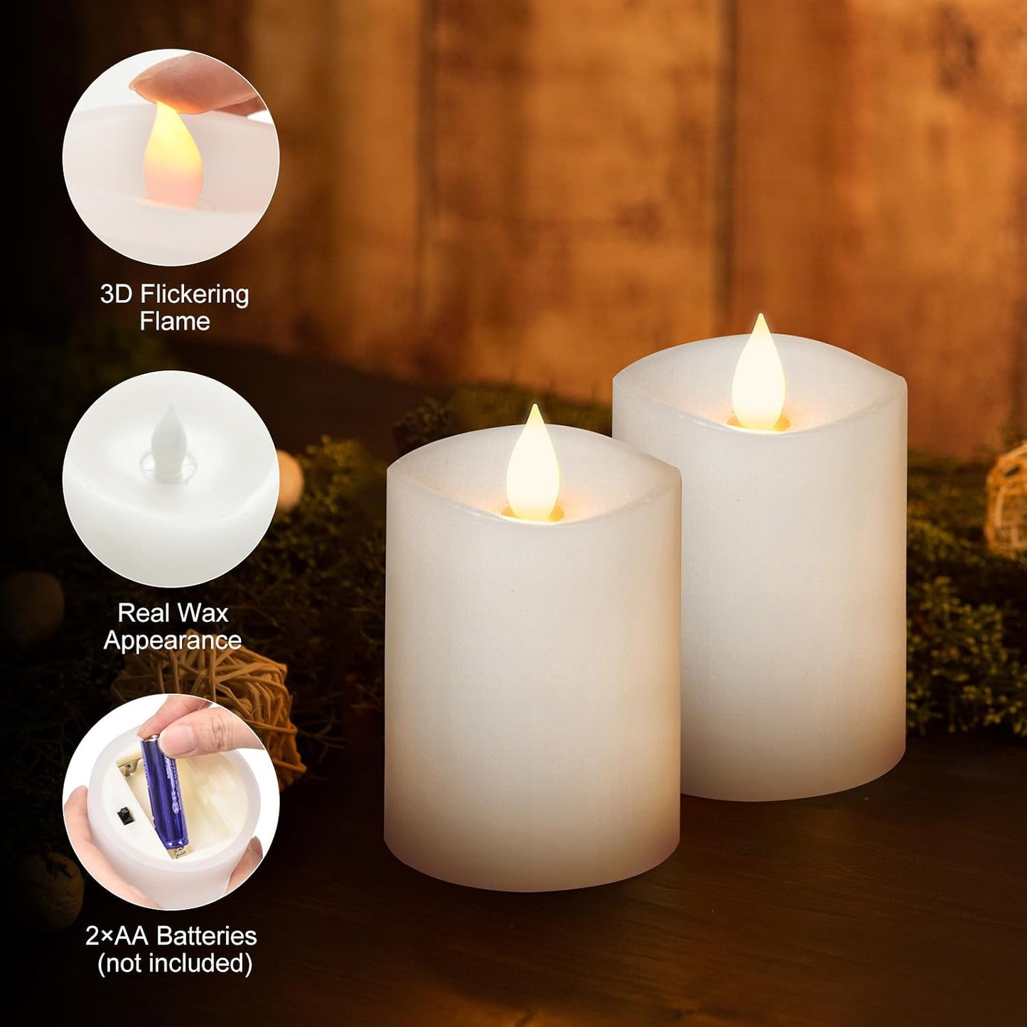3x4 Flickering Flameless Candles Set of 2,Real Wax LED Battery Operated Candles,with Timer,4 inch Flameless Candles