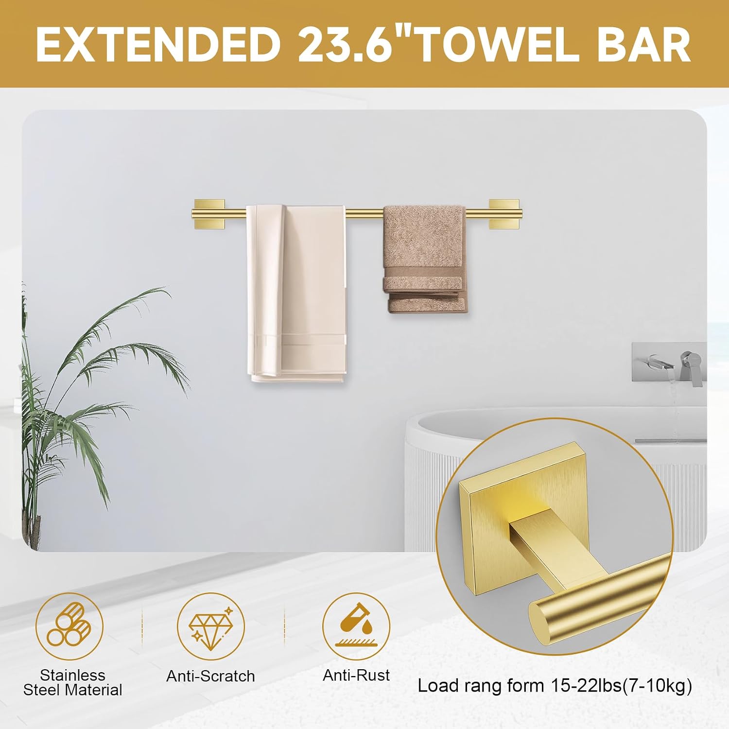 Brushed Gold Towel Bar Set, 5 Pieces Double Dase Toilet Paper Holder Bathroom Hardware Set, 23.6 Inch Stainless Steel