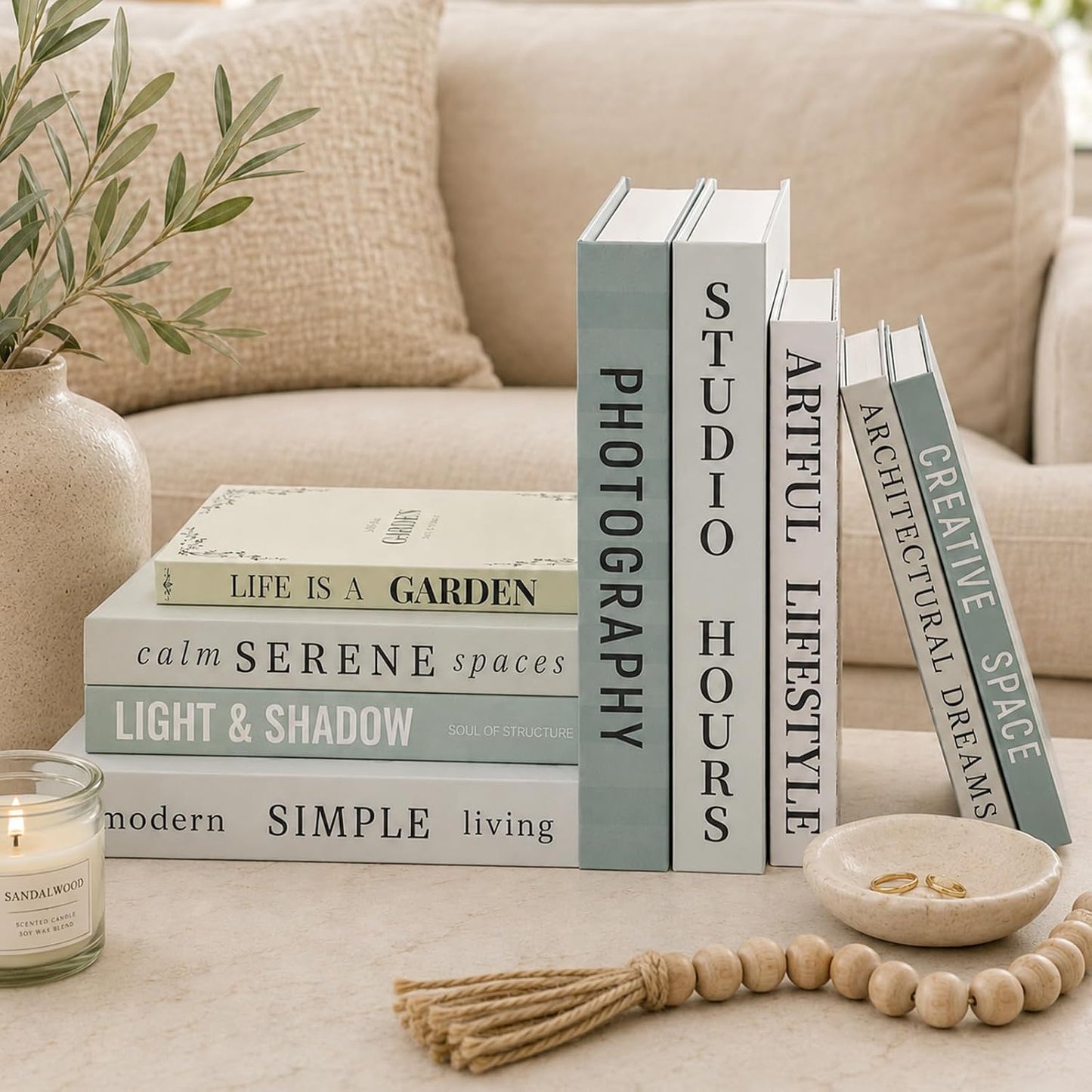 Faux Book Storage Boxes / Sage-beige / 9 Books / Set of 9