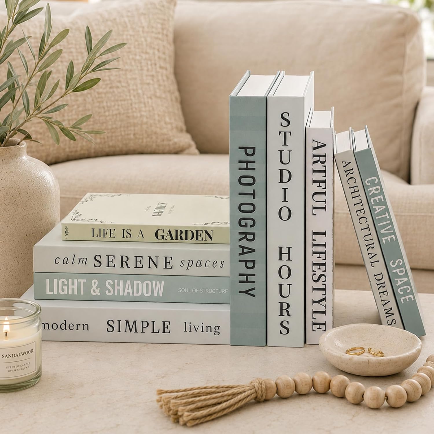 Faux Book Storage Boxes / Sage-beige / 9 Books / Set of 9