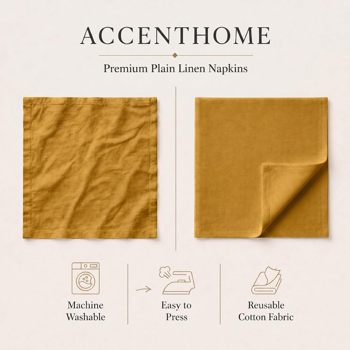 ACCENTHOME Mustard Cotton Linen Napkin Set of 12 18x18 inch Dinner Napkins | Cotton Linen Blend Napkins, Machine Wash