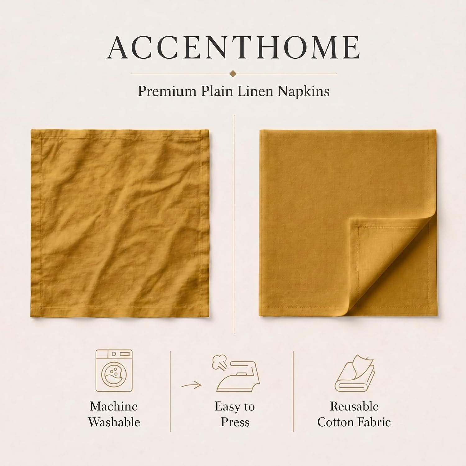 ACCENTHOME Mustard Cotton Linen Napkin Set of 12 18x18 inch Dinner Napkins | Cotton Linen Blend Napkins, Machine Wash